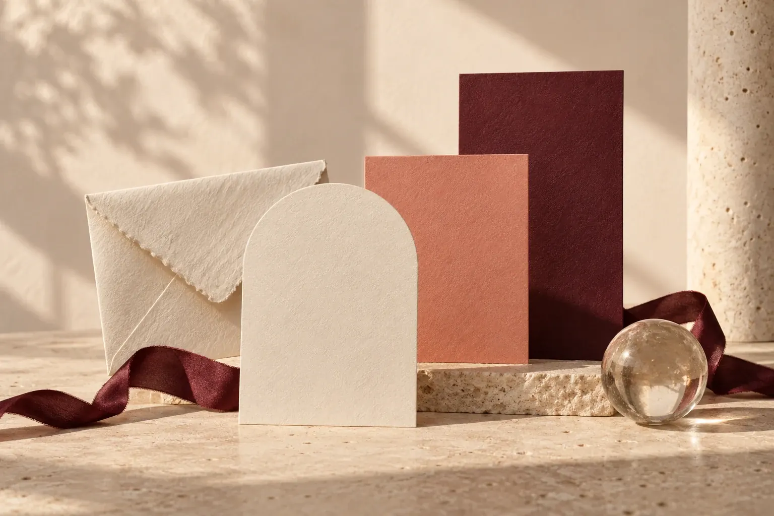 Sculptural invitation stationery in ivory, coral and burgundy