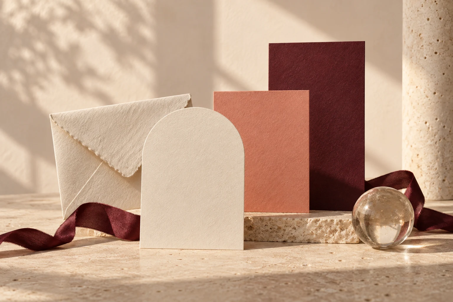 Sculptural invitation stationery in ivory, coral and burgundy
