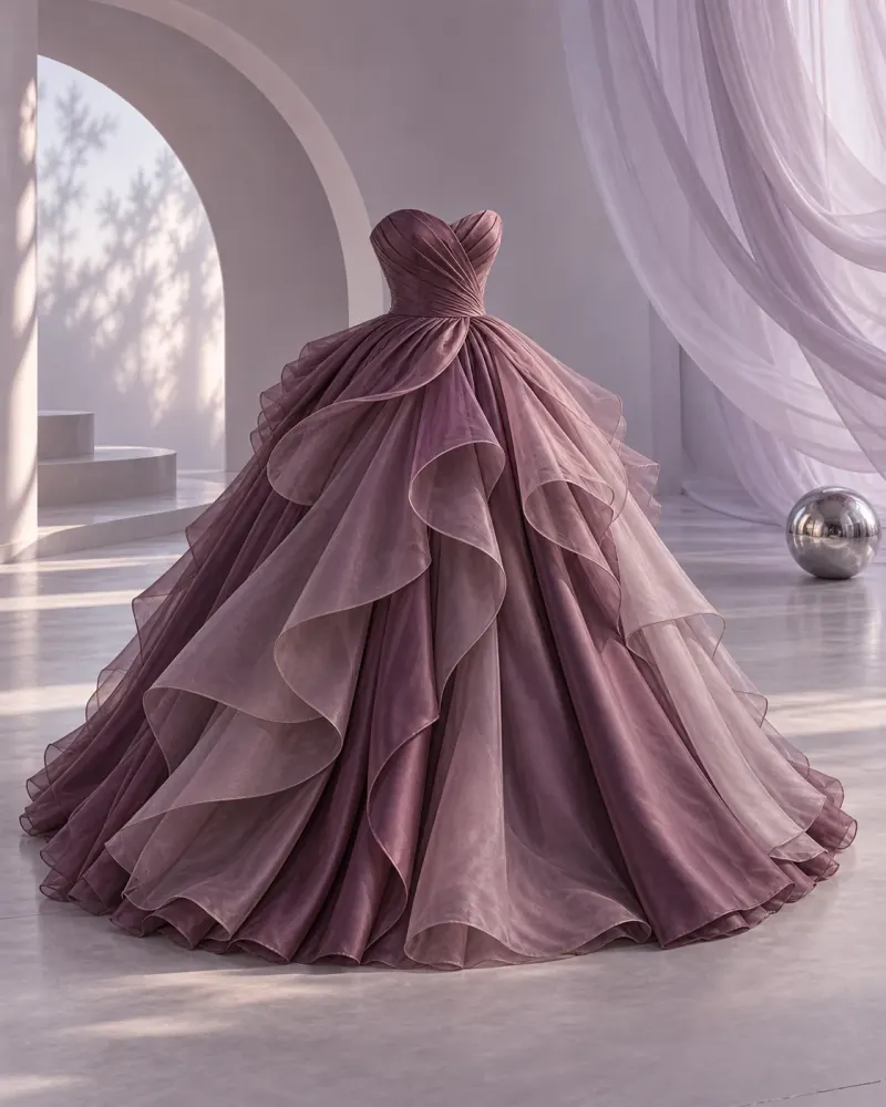 Sculptural plum organza gown in a luminous lilac studio