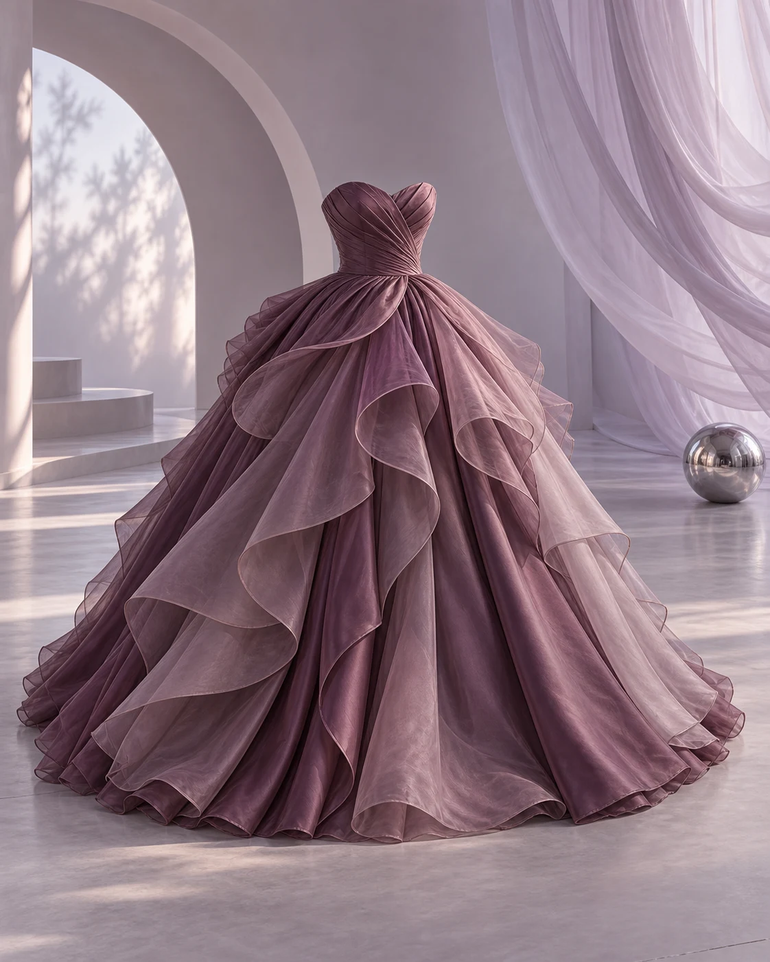 Sculptural plum organza gown in a luminous lilac studio