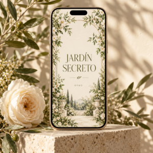 Sample Jardín Secreto wedding invitation with botanical details.