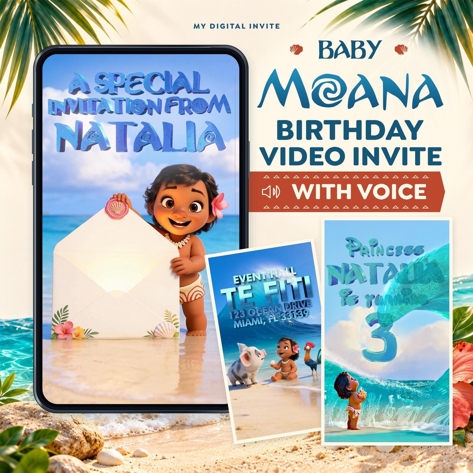 Baby Moana Birthday Video Invitation with Custom Voice Greeting - preview 1
