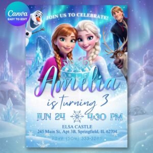Frozen Birthday Invitation - Elsa, Anna & Olaf - Canva Template - preview 1