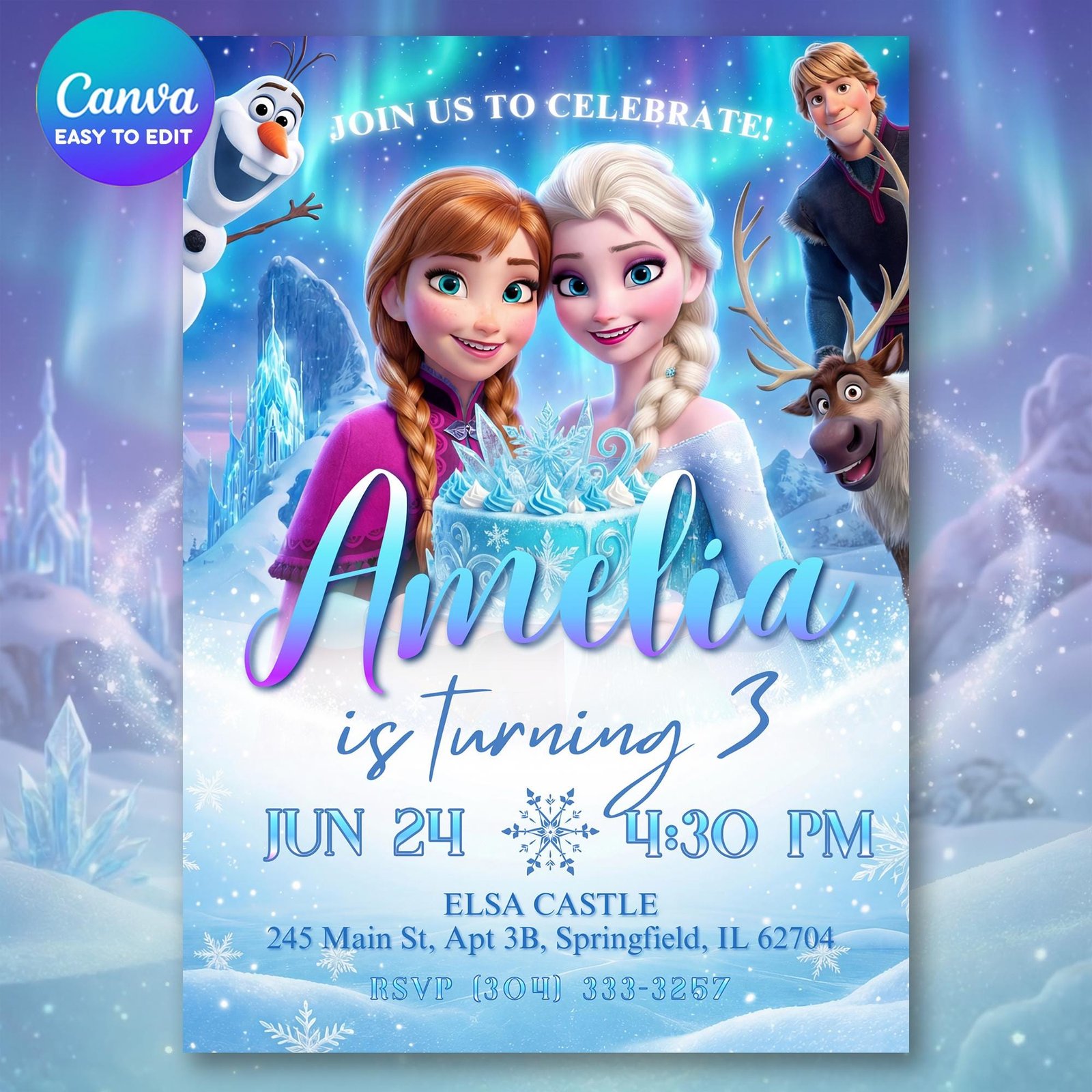 Frozen Birthday Invitation - Elsa, Anna & Olaf - Canva Template - preview 1