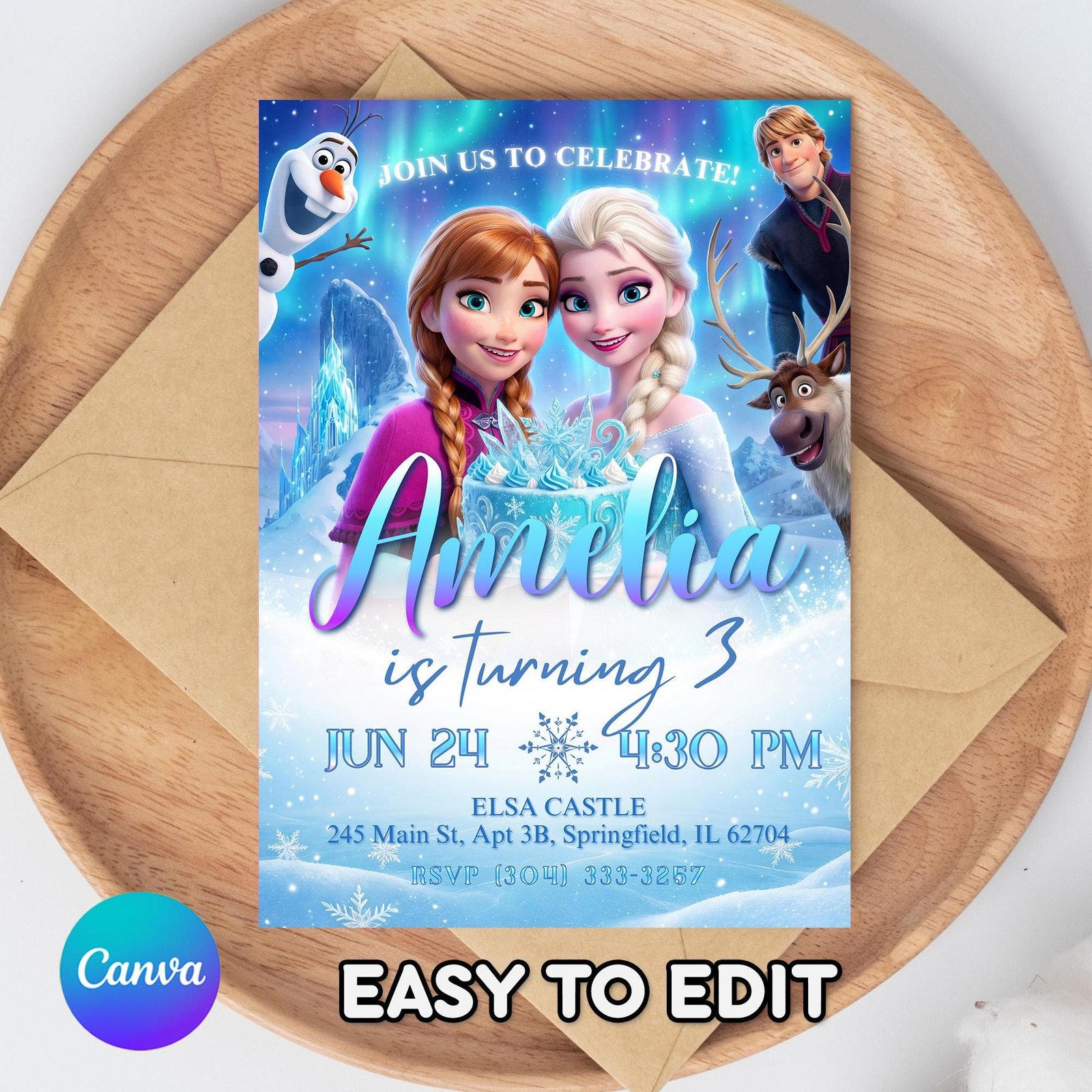 Frozen Birthday Invitation - Elsa, Anna & Olaf - Canva Template - preview 2