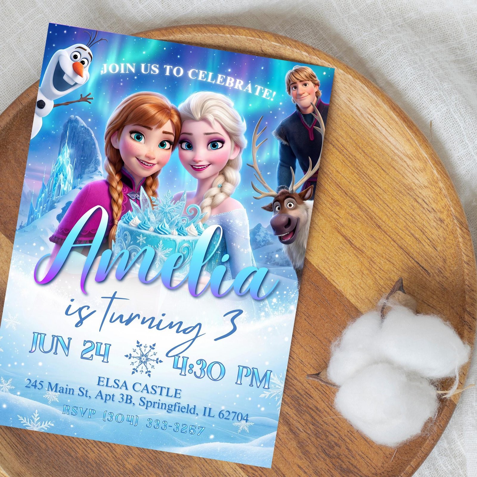 Frozen Birthday Invitation - Elsa, Anna & Olaf - Canva Template - preview 3