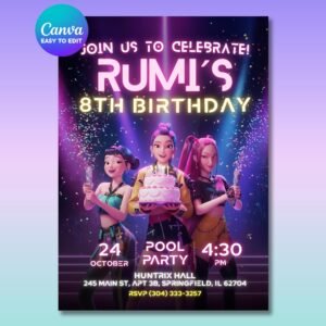 K-Pop Demon Hunters Birthday Invitation – Huntrix Rumi, Mira & Zoey — design preview