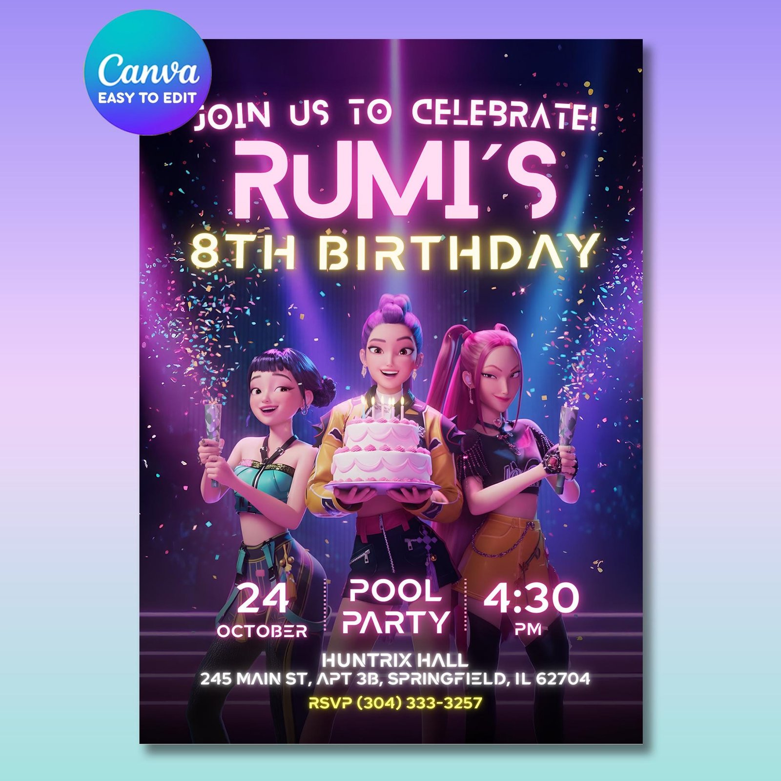 K-Pop Demon Hunters Birthday Invitation – Huntrix Rumi, Mira & Zoey — design preview