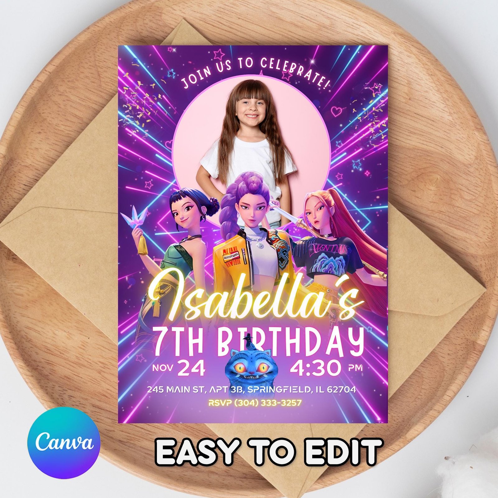 Huntrix Birthday Photo Invitation - Rumi, Mira & Zoey - Canva Template - preview 2