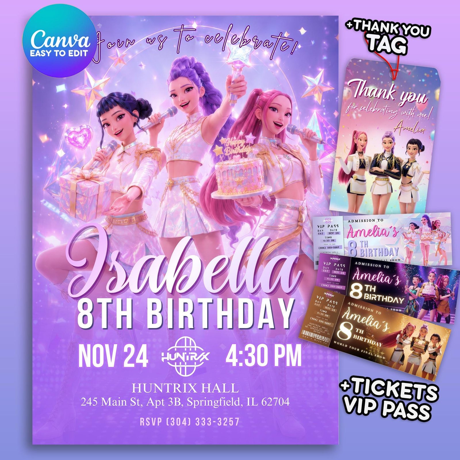 Huntrix Golden Birthday Invitation Bundle - Canva Template - preview 2