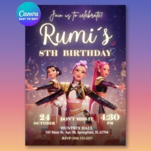 K-Pop Demon Hunters Birthday Invitation – Huntrix Golden & Black — design preview