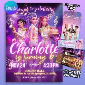 K-Pop Demon Hunters Birthday Invitation – Huntrix Golden Concert Bundle — design preview