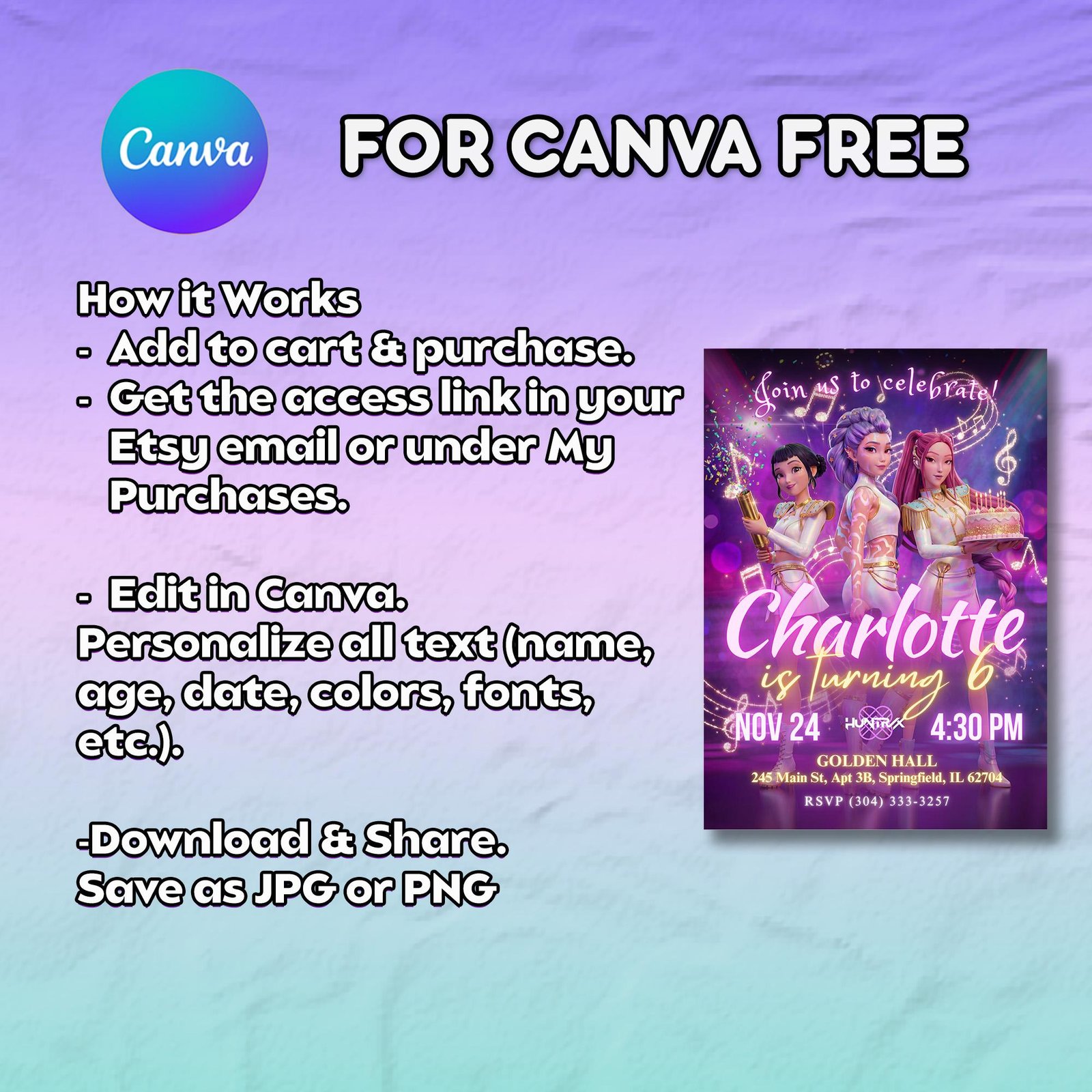 Huntrix Golden Concert Birthday Invitation Bundle - Canva Template - preview 6