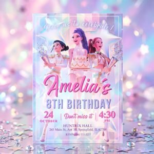 K-Pop Demon Hunters Birthday Invitation – Huntrix Golden White Bundle — design preview