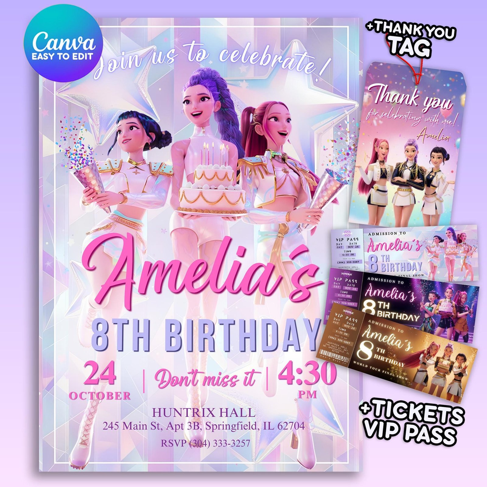 Huntrix Golden White Birthday Invitation Bundle - Canva Template - preview 2
