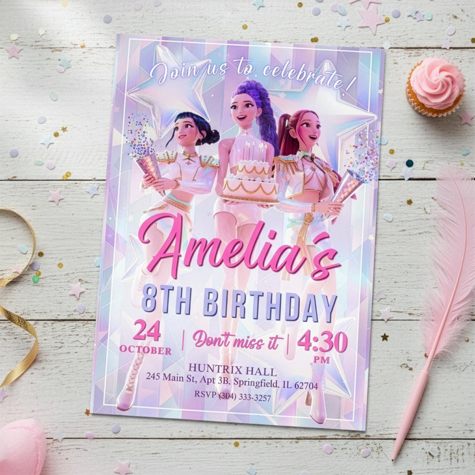 Huntrix Golden White Birthday Invitation Bundle - Canva Template - preview 3