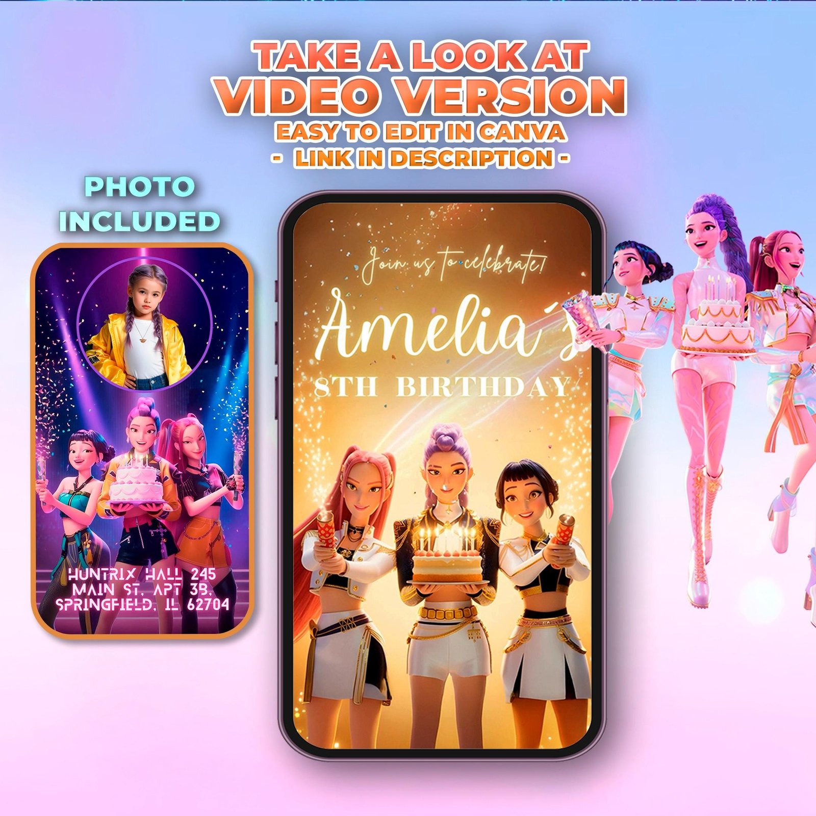 Huntrix Golden White Birthday Invitation Bundle - Canva Template - preview 6