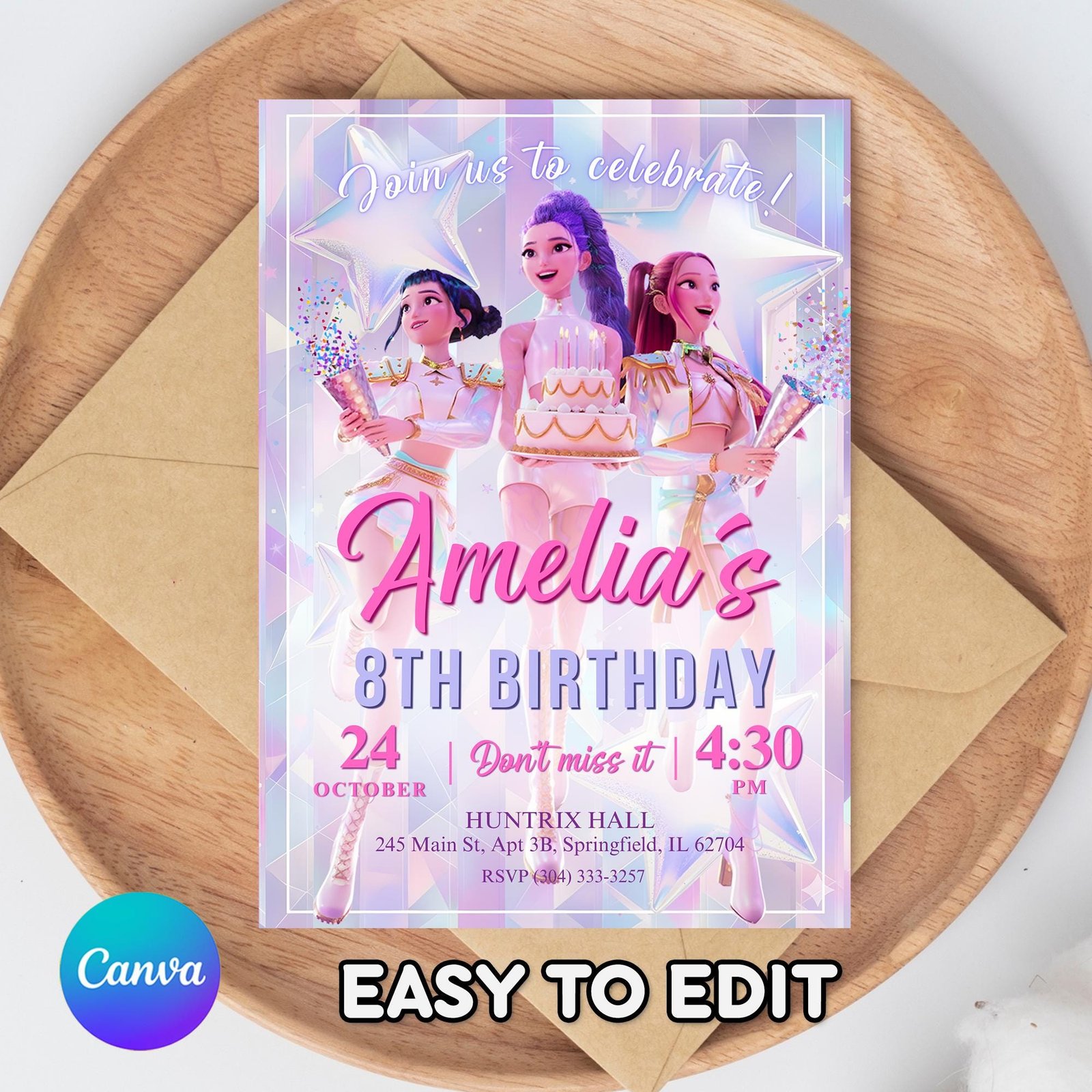Huntrix Golden White Birthday Invitation Bundle - Canva Template - preview 7