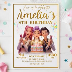 K-Pop Demon Hunters Birthday Invitation – Huntrix Golden White Party — design preview
