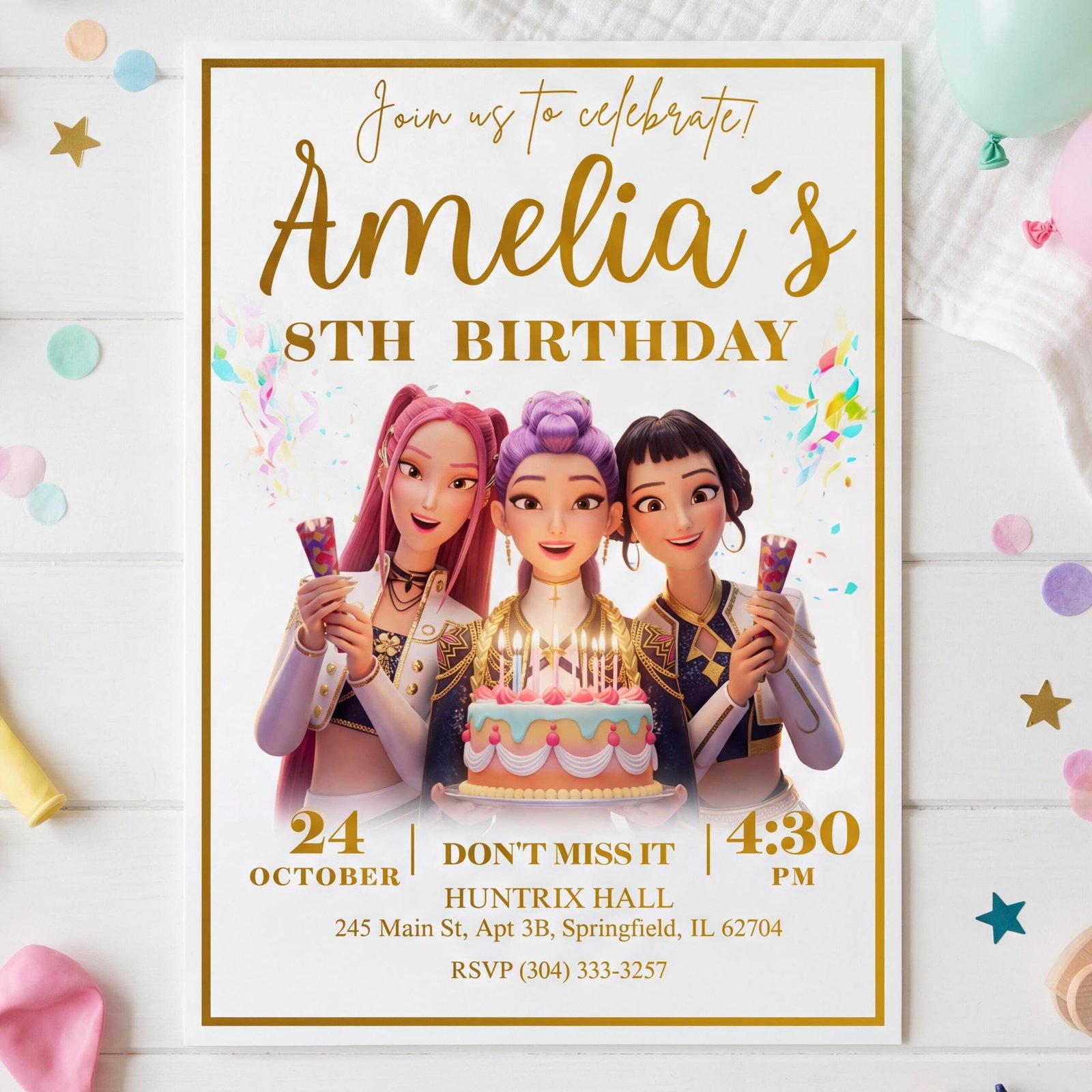 K-Pop Demon Hunters Birthday Invitation – Huntrix Golden White Party — design preview