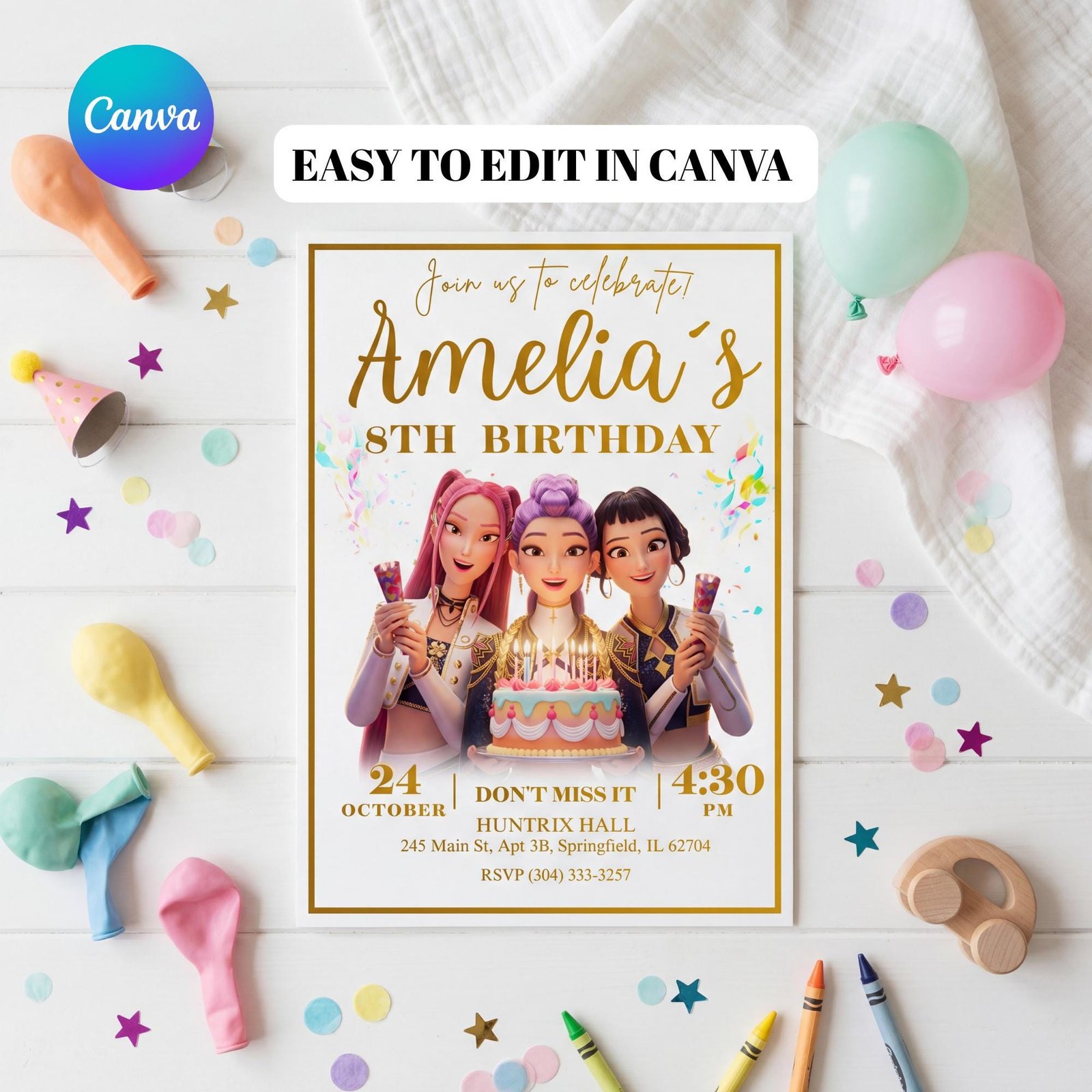 Huntrix Golden White Birthday Invitation - Party Edition - Canva Template - preview 2