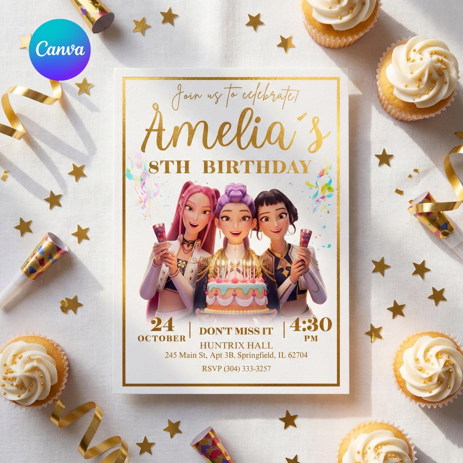 Huntrix Golden White Birthday Invitation - Party Edition - Canva Template - preview 3