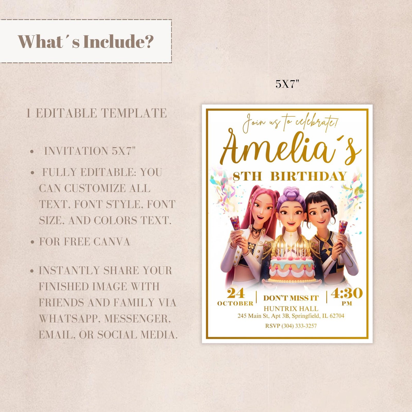 Huntrix Golden White Birthday Invitation - Party Edition - Canva Template - preview 4