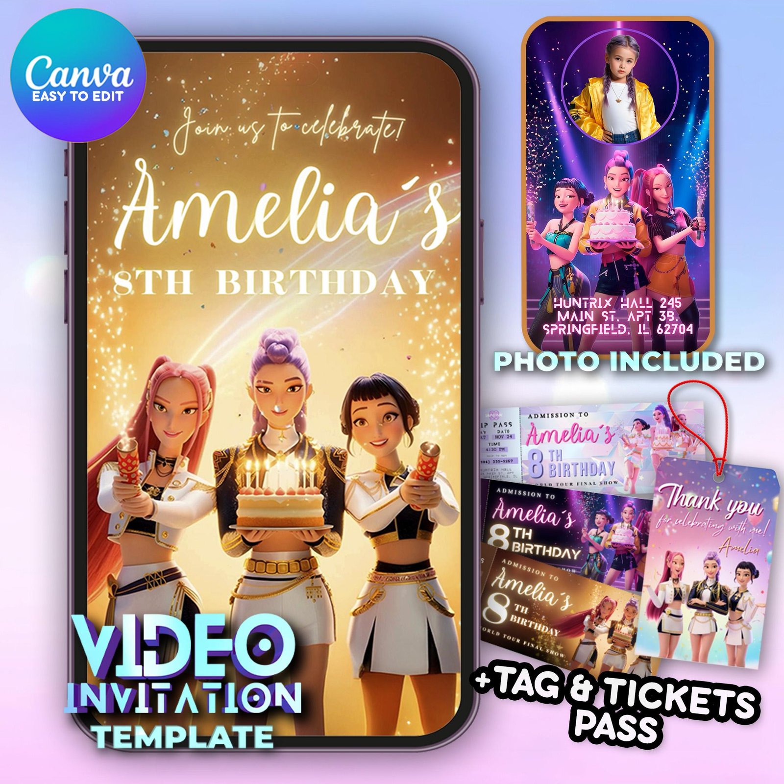 K-Pop Demon Hunters Birthday Invitation – Huntrix Golden White Video Bundle — design preview