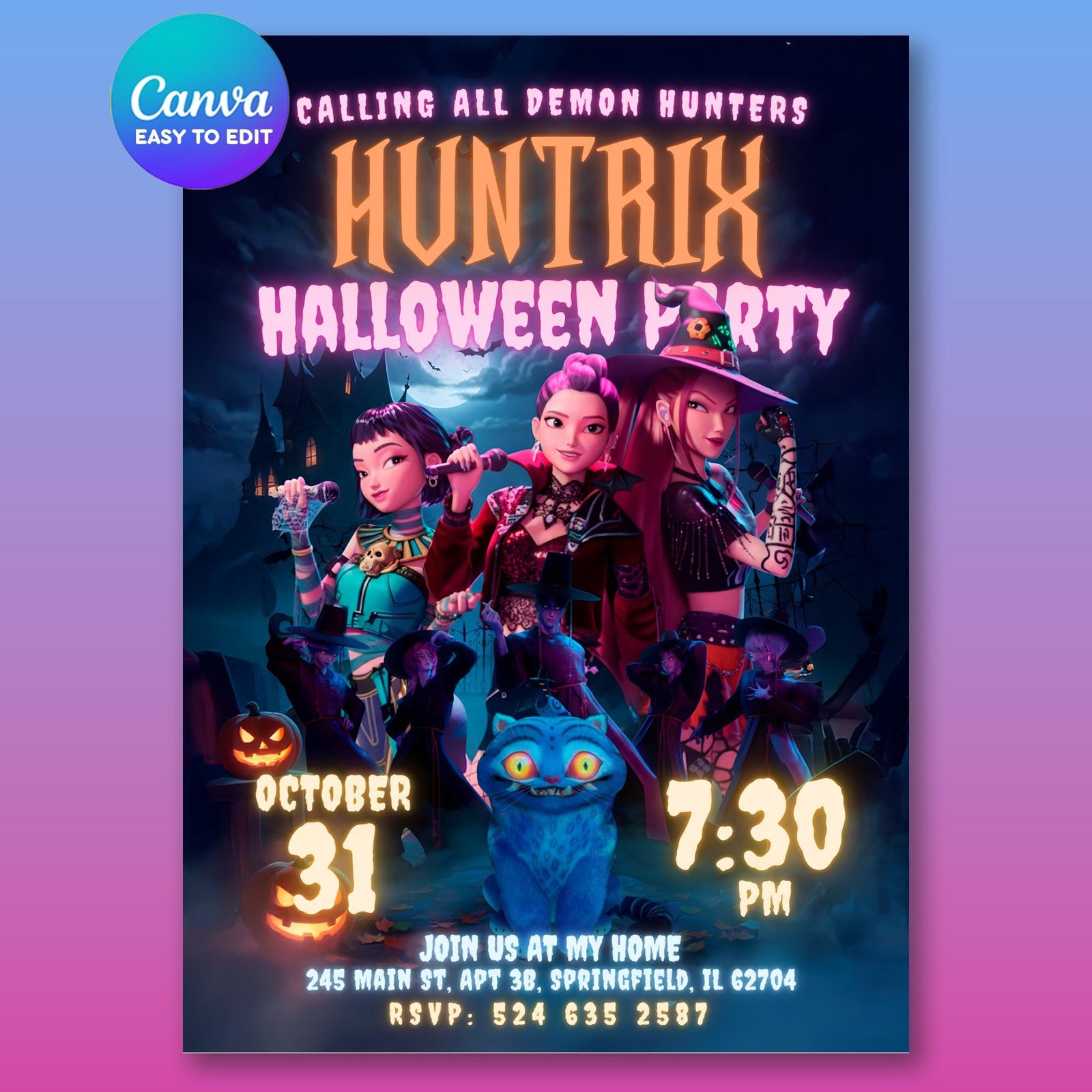 K-Pop Demon Hunters Birthday Invitation – Huntrix Halloween — design preview