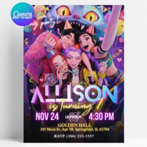 K-Pop Demon Hunters Birthday Invitation – Huntrix, Jinu & Derpy — design preview