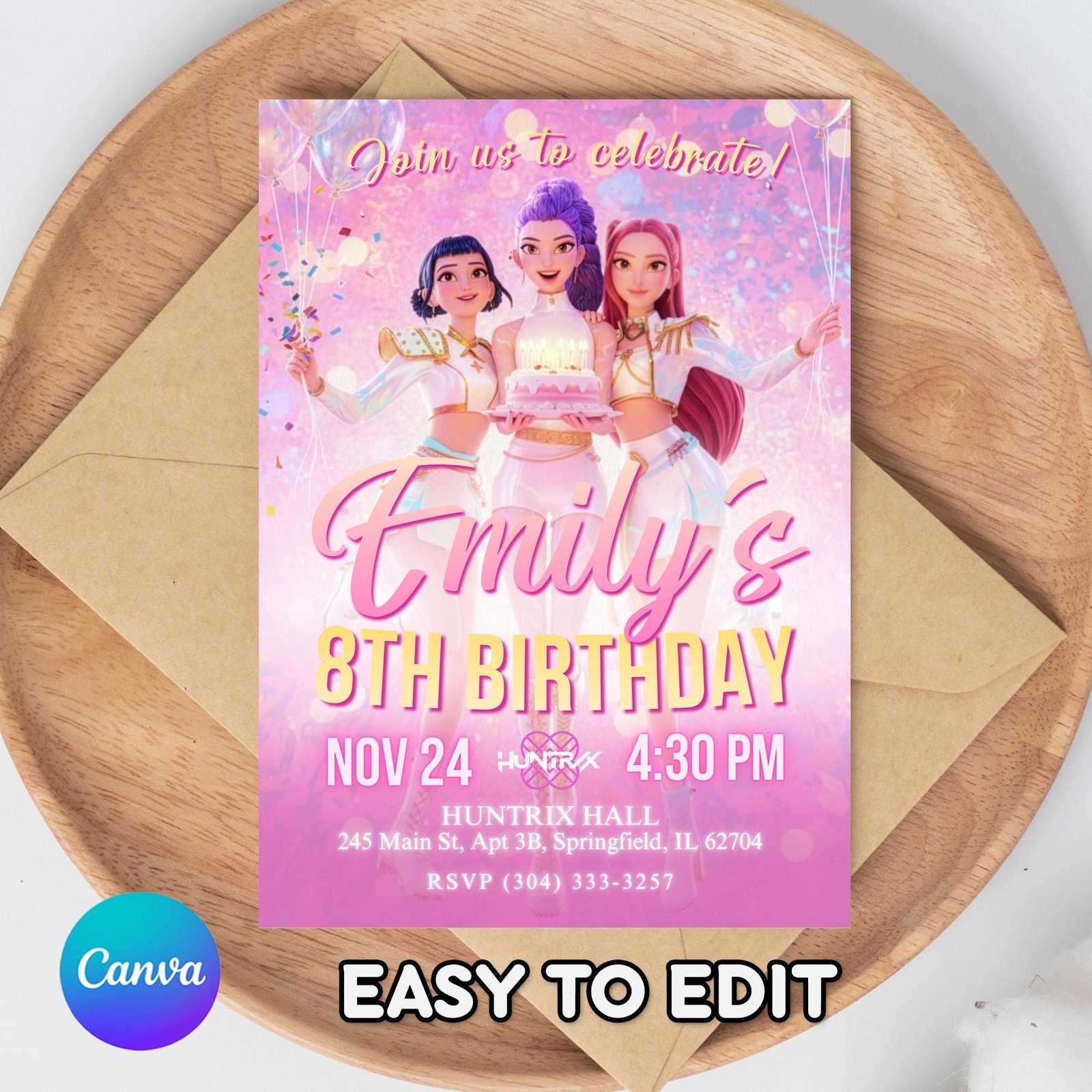 Huntrix Pink Birthday Invitation - Canva Template - preview 2