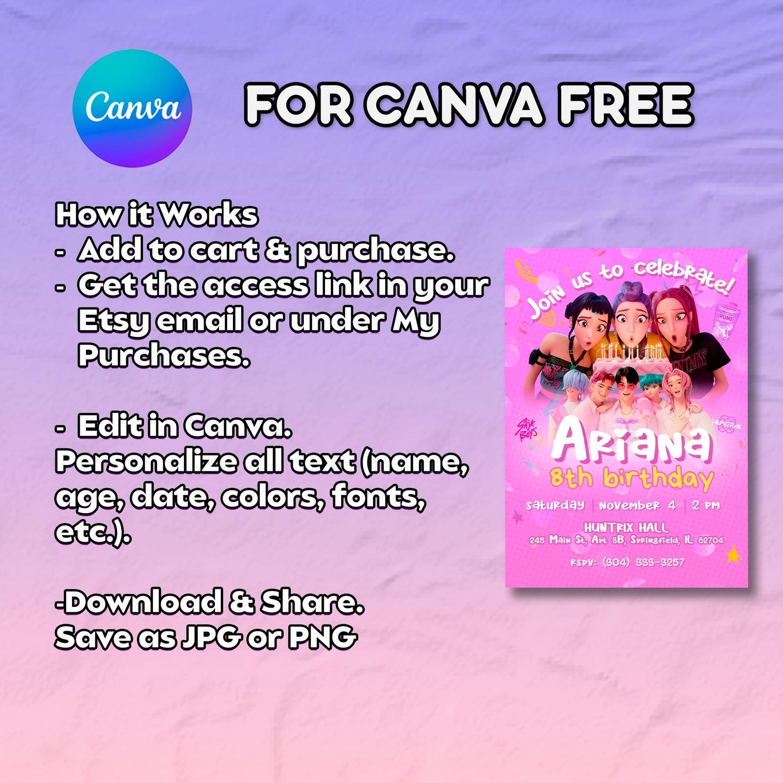 Huntrix & Saja Birthday Invitation - Classic Edition - Canva Template - preview 4