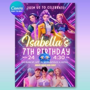 K-Pop Demon Hunters Birthday Invitation – Huntrix & Saja Boys — design preview