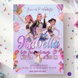 K-Pop Demon Hunters Birthday Invitation – Huntrix & Saja Boys with Derpy — design preview