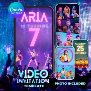 K-Pop Demon Hunters Birthday Invitation – Huntrix & Saja Boys Video — design preview