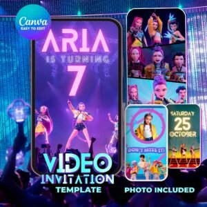 K-Pop Demon Hunters Birthday Invitation – Huntrix & Saja Boys Video – Original — design preview