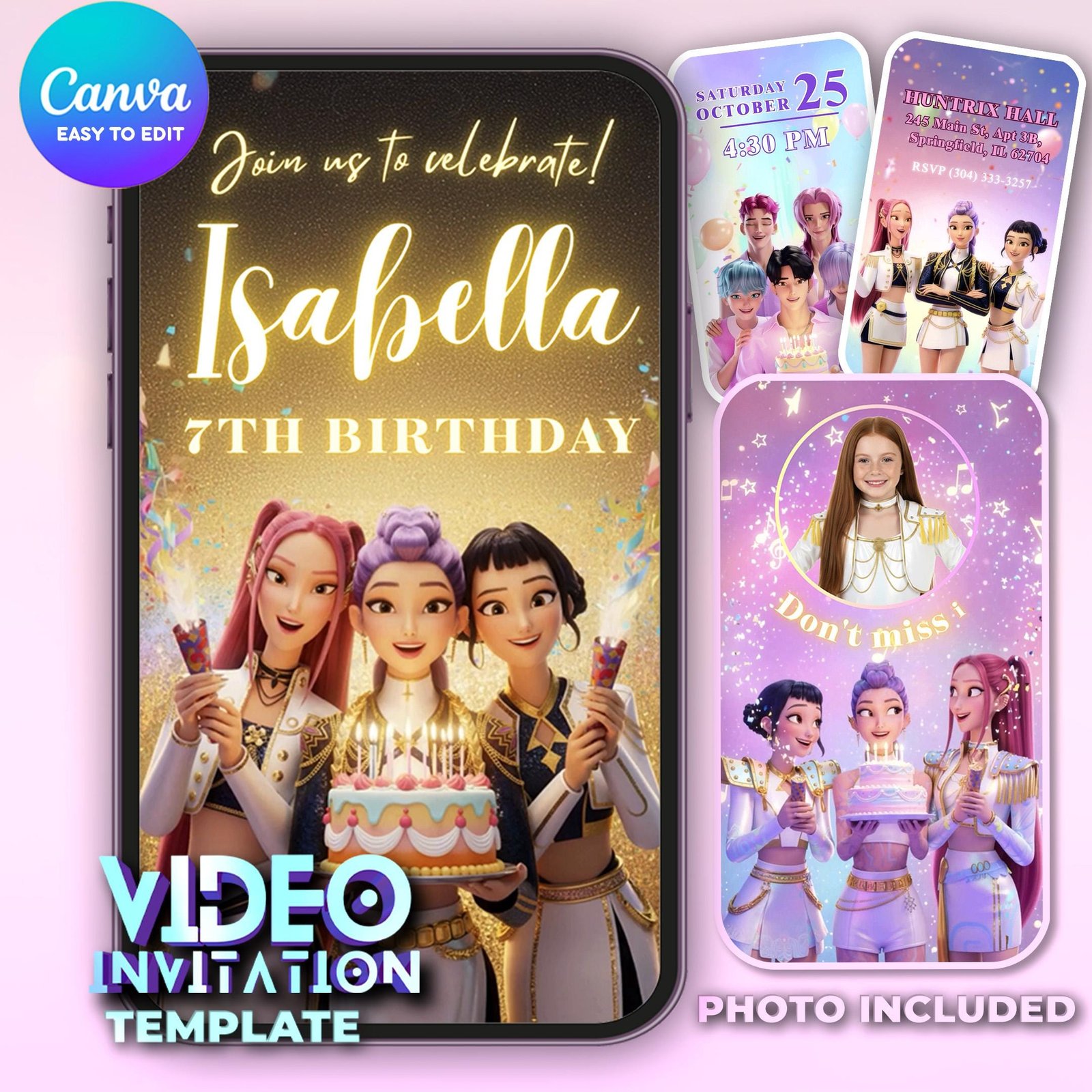 K-Pop Demon Hunters Birthday Invitation – Huntrix & Saja Boys Golden Video Bundle — design preview