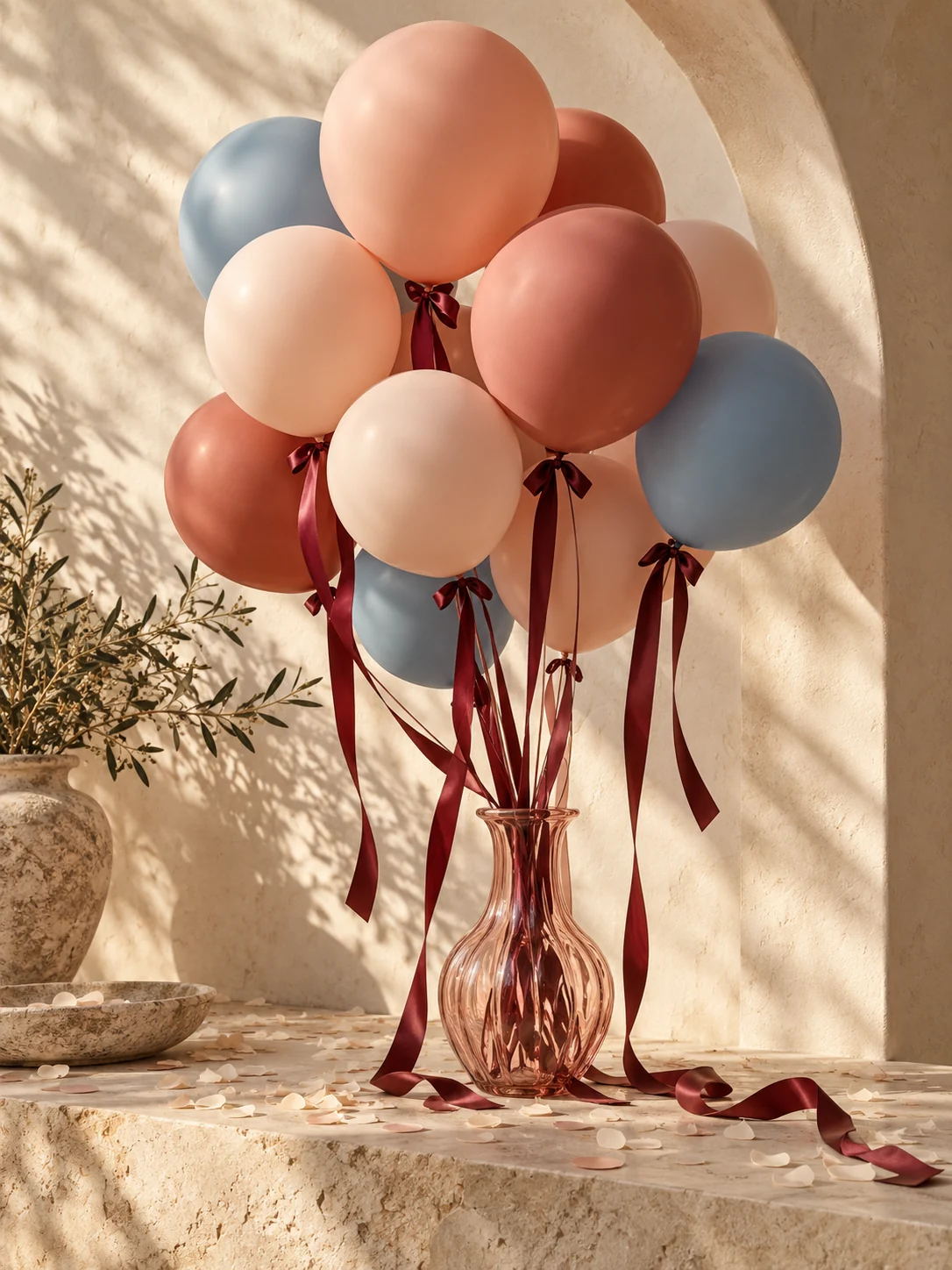 Terracotta, blush and blue balloons with burgundy ribbons in a sunlit studio