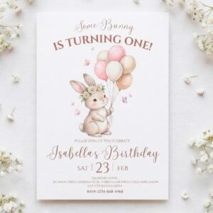 Some Bunny Is One Birthday Invitation - Daisies & Butterflies - Canva Template - preview 1