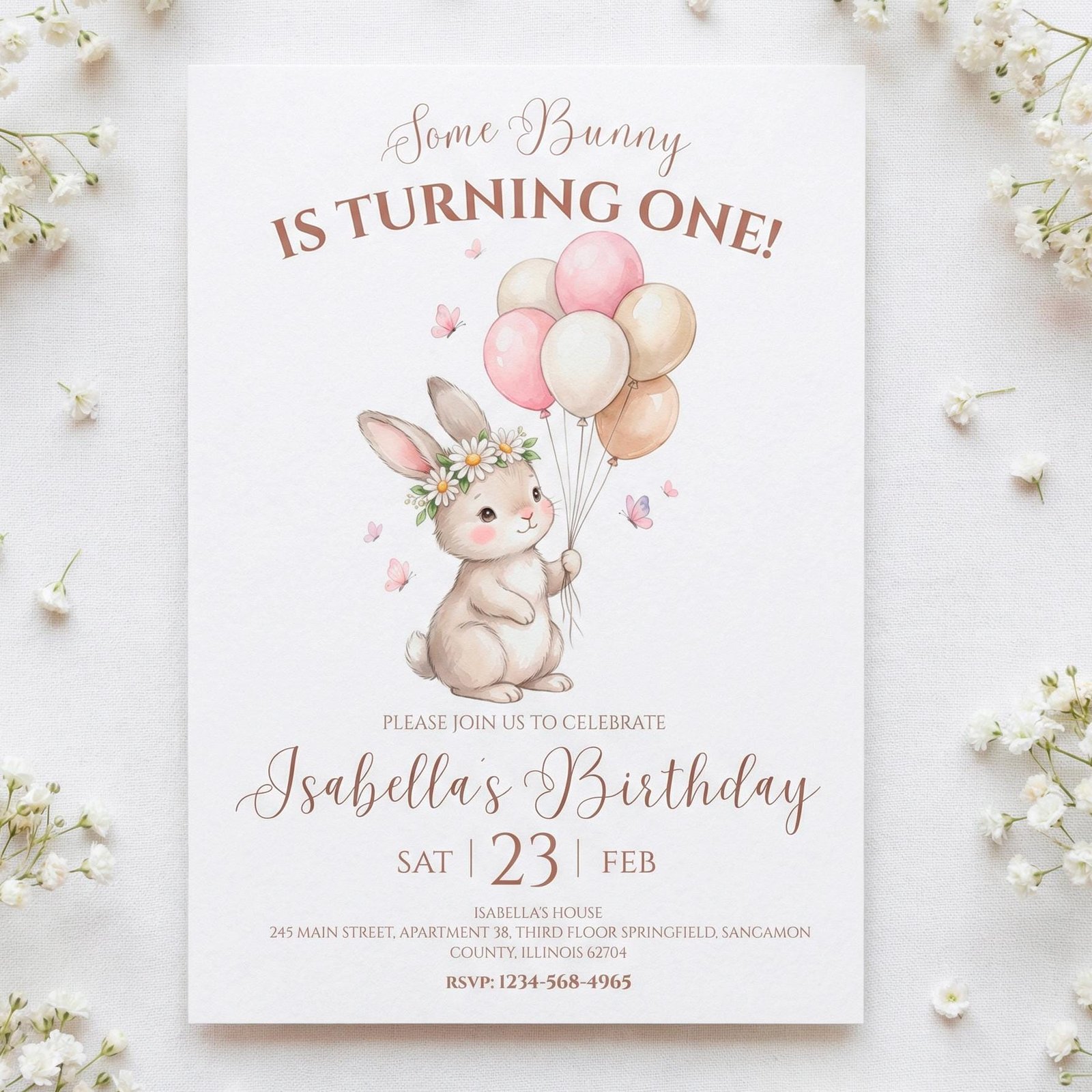 Some Bunny Is One Birthday Invitation - Daisies & Butterflies - Canva Template - preview 1