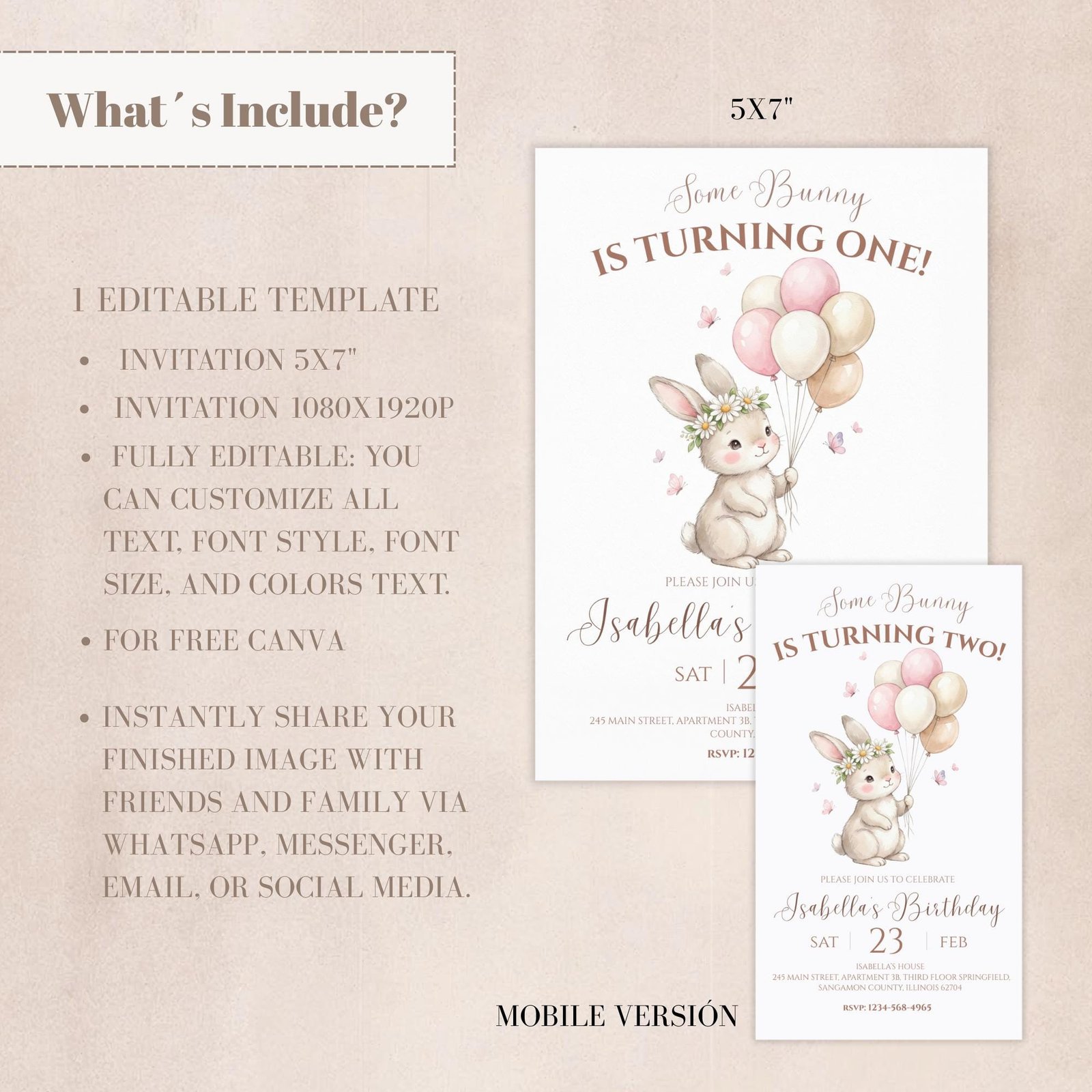 Some Bunny Is One Birthday Invitation - Daisies & Butterflies - Canva Template - preview 3