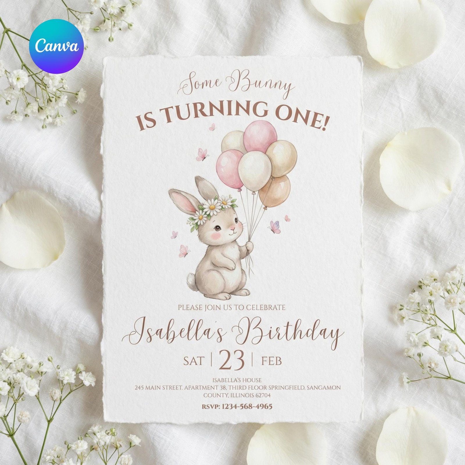 Some Bunny Is One Birthday Invitation - Daisies & Butterflies - Canva Template - preview 4