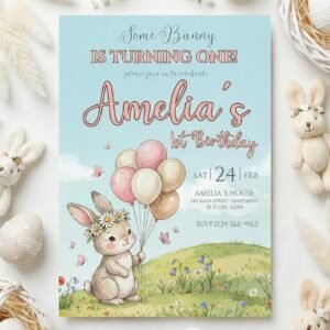 Some Bunny Is One Birthday Invitation - Watercolor Garden - Canva Template - preview 1