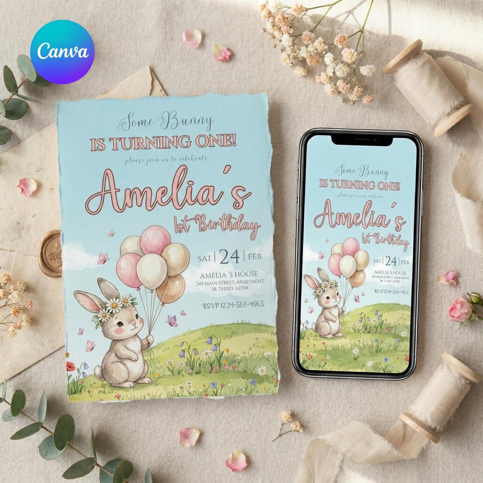 Some Bunny Is One Birthday Invitation - Watercolor Garden - Canva Template - preview 2