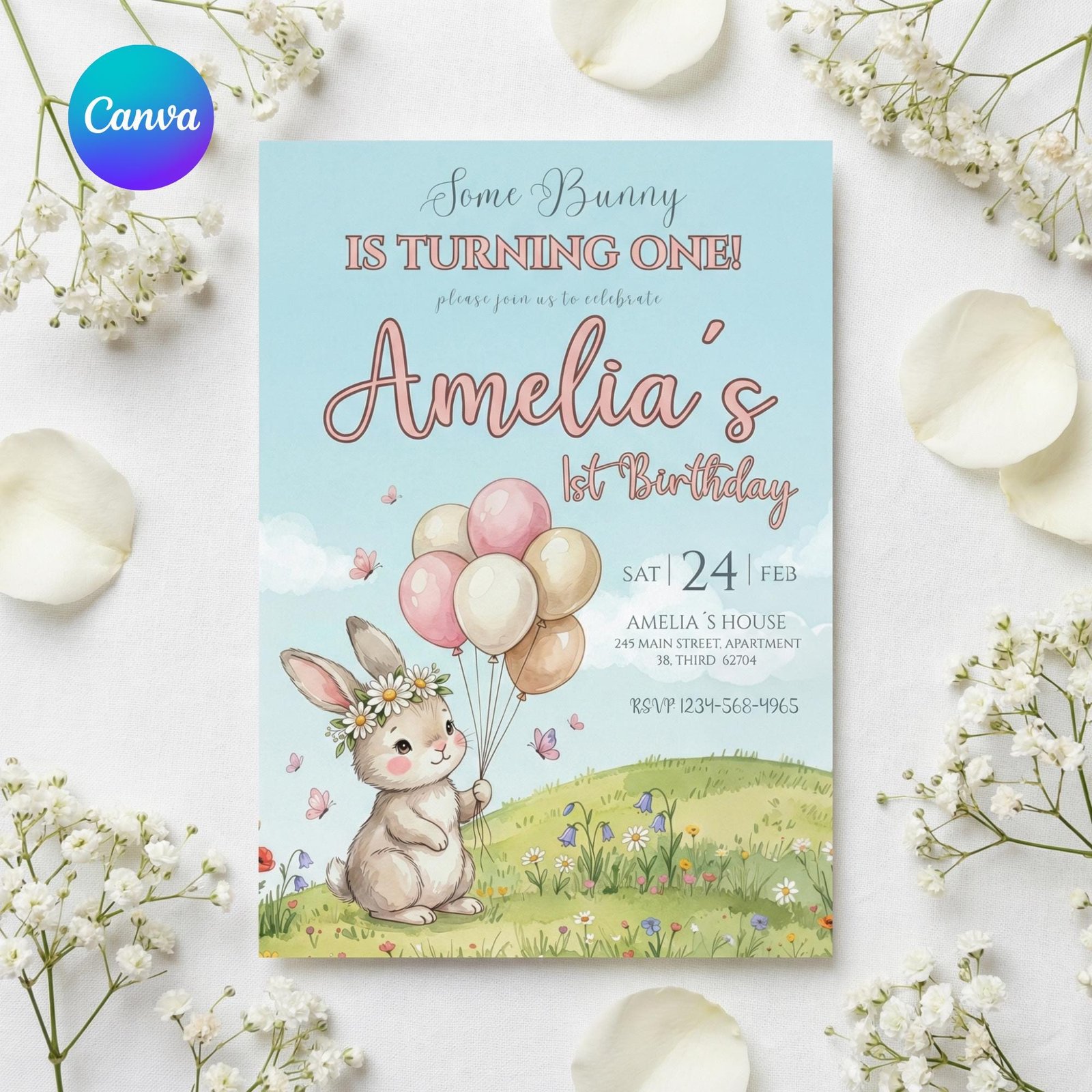 Some Bunny Is One Birthday Invitation - Watercolor Garden - Canva Template - preview 3