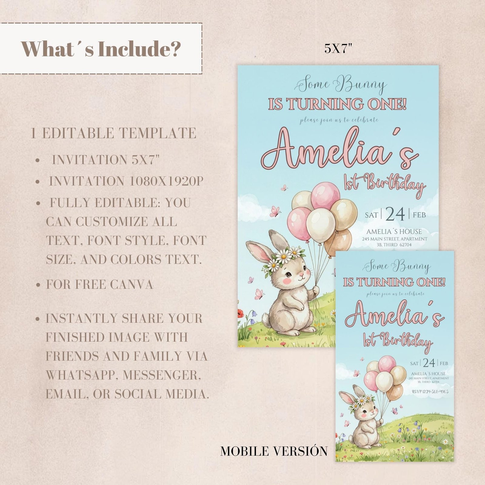 Some Bunny Is One Birthday Invitation - Watercolor Garden - Canva Template - preview 4