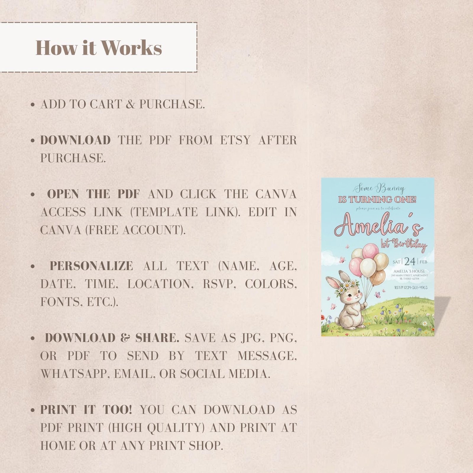 Some Bunny Is One Birthday Invitation - Watercolor Garden - Canva Template - preview 5
