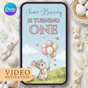 Some Bunny Is One Birthday Video Invitation - Watercolor Garden - Canva Template - preview 1
