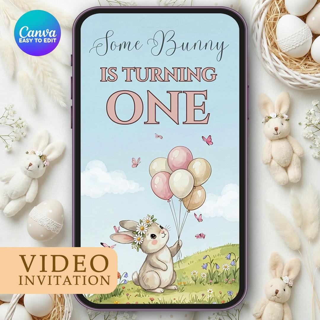 Some Bunny Is One Birthday Video Invitation - Watercolor Garden - Canva Template - preview 1