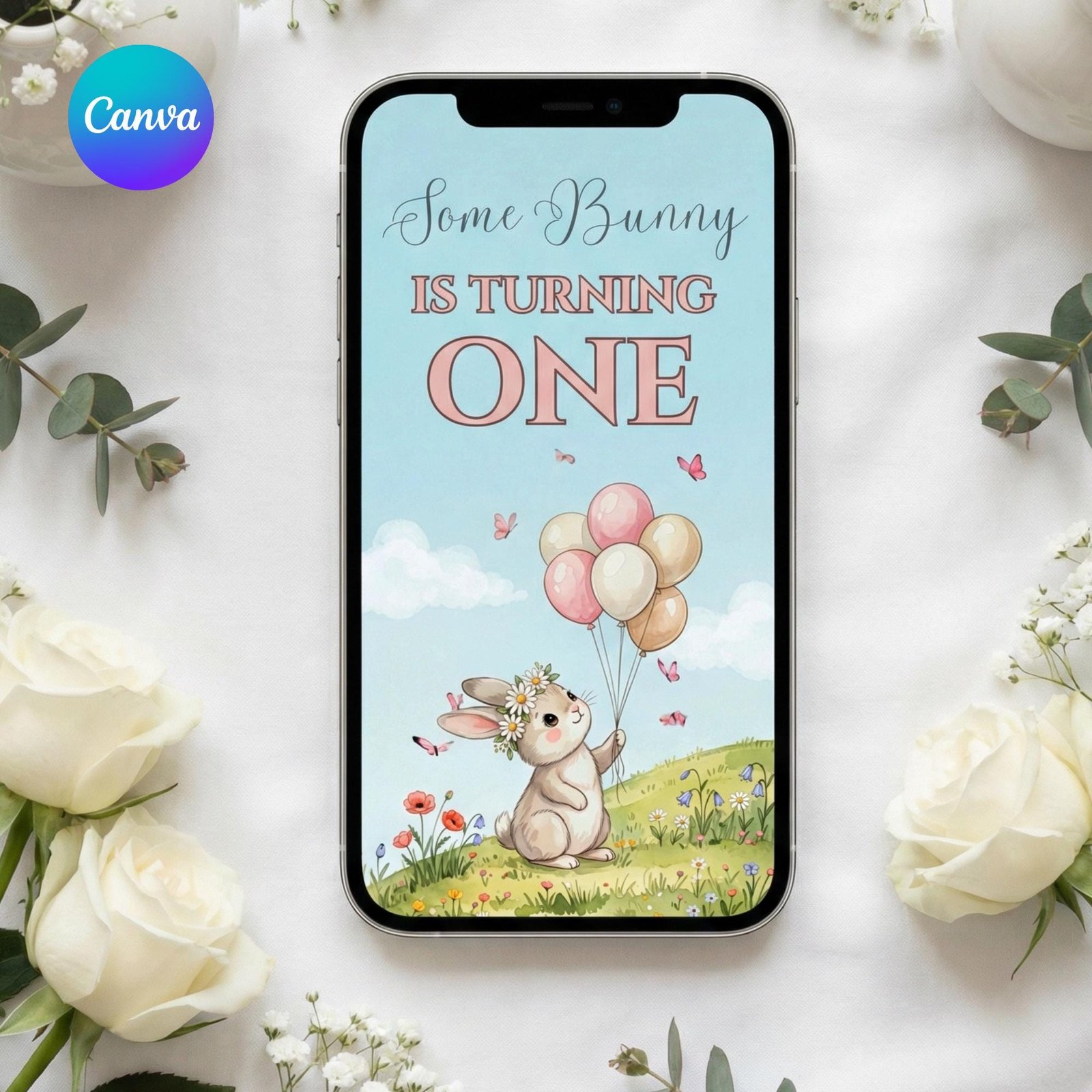 Some Bunny Is One Birthday Video Invitation - Watercolor Garden - Canva Template - preview 2